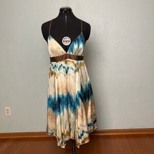 S Single Dress Tan Brown Blue Stripe Satin spaghetti strap Backless Y2K retro
